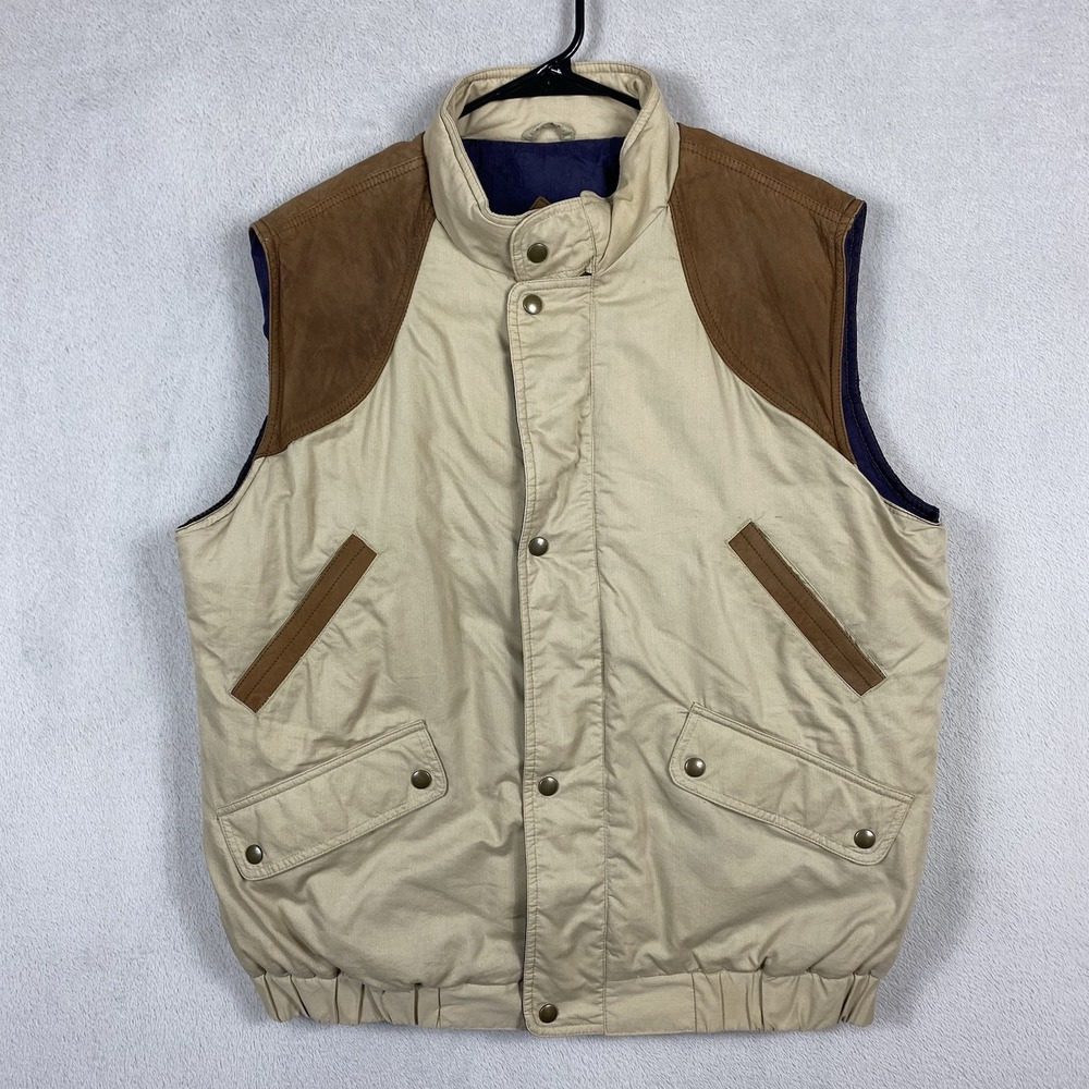 Eddie Bauer 80s Goose Down Leather Trim Jacket Vest Mens L Brown Vintage Hunting